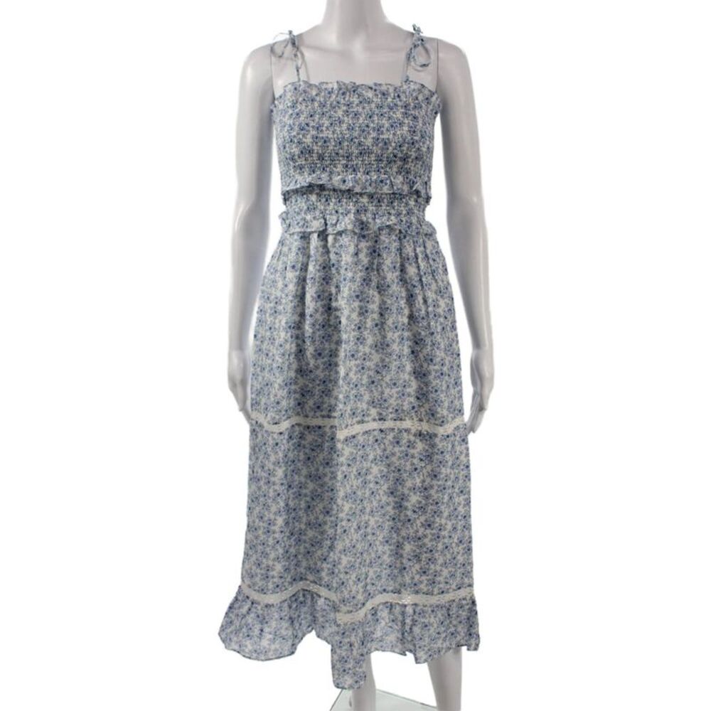Kisuii Women Maxi Sundress Floral Blue Tie Sleeveless Bohemian Size XS